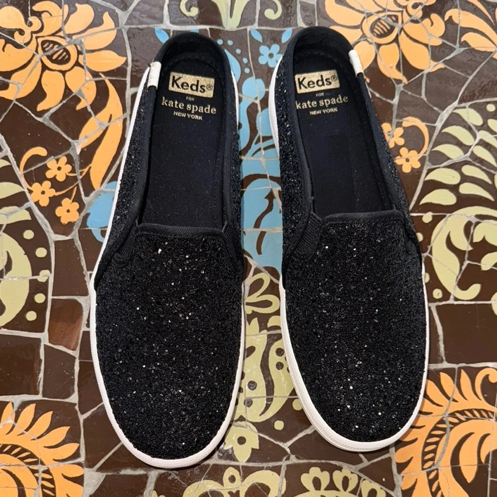 KEDS x KATE SPADE NEW YORK Double Decker Black Glitter Slip On Mules Sz: 7.5